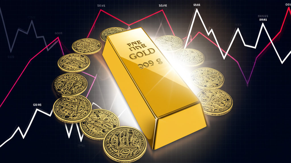 閃耀金條環繞古代錢幣與現代金融圖表,象徵財富穩定與全球避險資產在不確定時代的角色