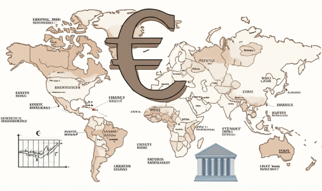 插圖：歐元符號周圍環繞多種影響因素，包括GDP與通膨圖表、中央銀行建築、世界地圖上的衝突區域