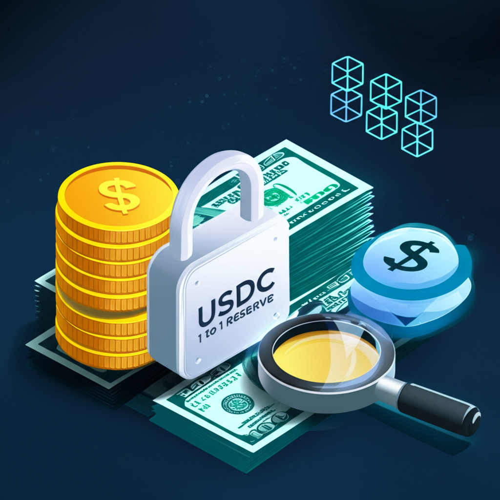 金幣與美元堆疊受鎖保護,伴隨區塊鏈符號與放大鏡,象徵 USDC 的一比一儲備、透明度與審計