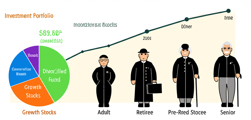 不同人生階段的插圖,從年輕成人到老年,對應投資組合:青年偏好成長股,老年轉向保守債券,伴隨隨時間調整的財務圖表