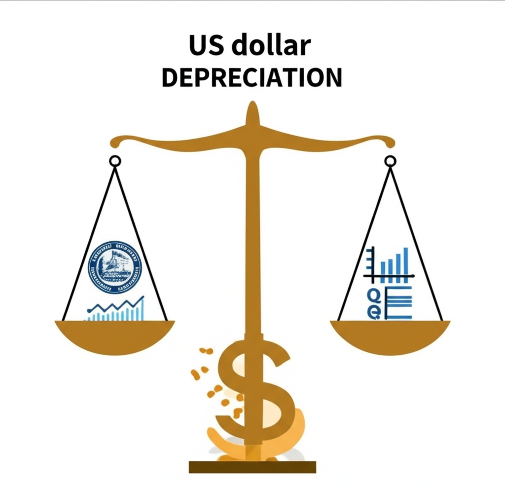 美元貶值含義:國際貨幣市場價值下滑,聯準會貨幣政策、利率與量化寬鬆、經濟數據、貿易逆差等影響示意圖