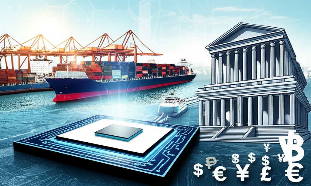 繁忙港口與半導體晶圓象徵出口貿易,外幣流入中央銀行,代表貿易順差與外資投入