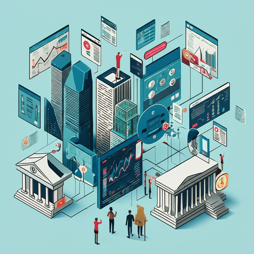 全球金融市場複雜局面插圖,展現科技巨頭評級、央行政策與股票波動的交織影響