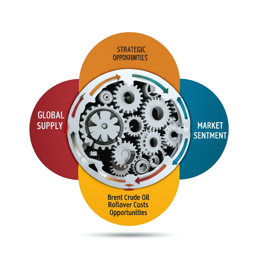 布蘭特原油轉倉成本風險與策略機會的複雜機制插圖,受全球供需、地緣政治和市場情緒影響