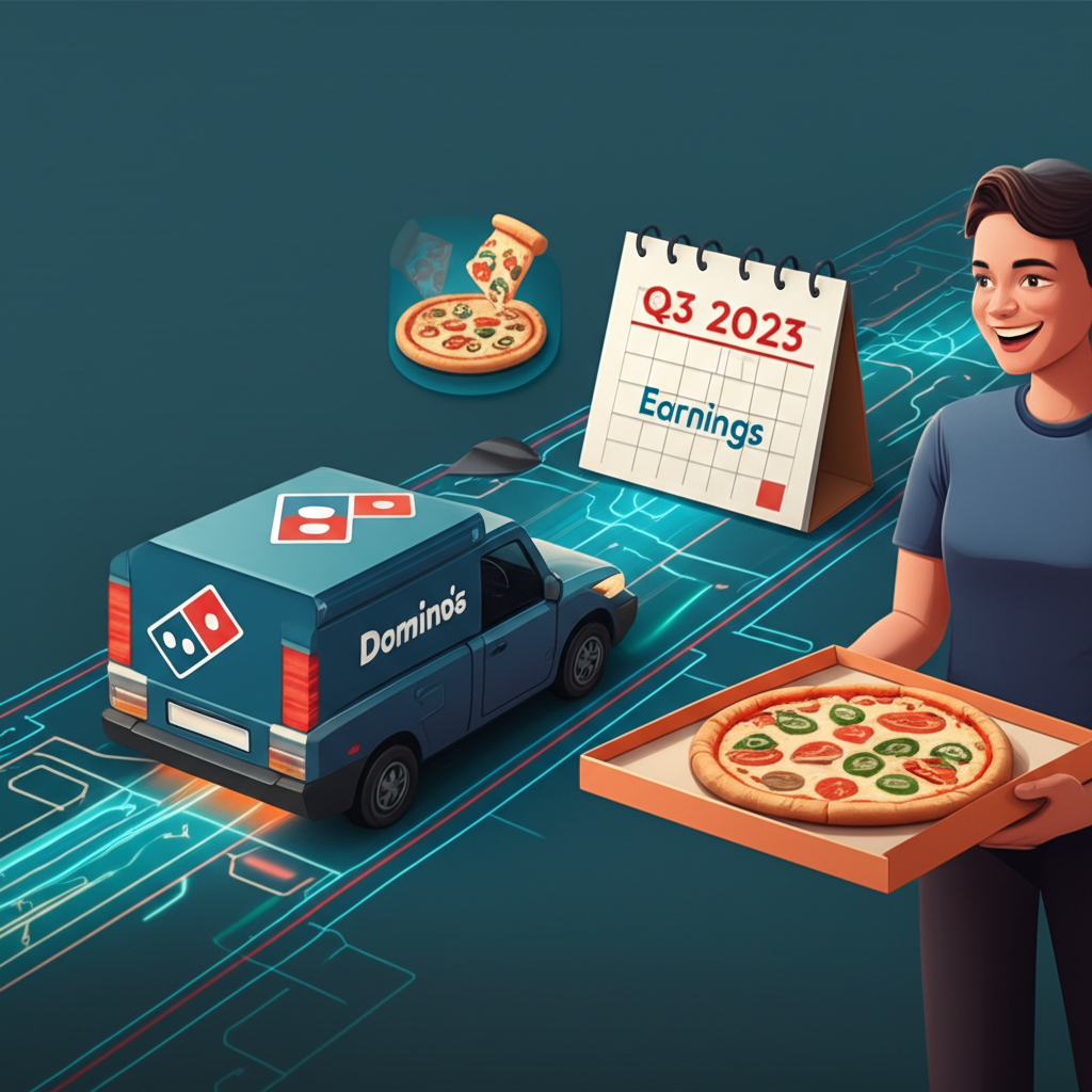 Domino's 披薩配送車在數位道路上奔馳的插圖,伴隨2025年第三季財報元素與快樂顧客,展現現代物流效率