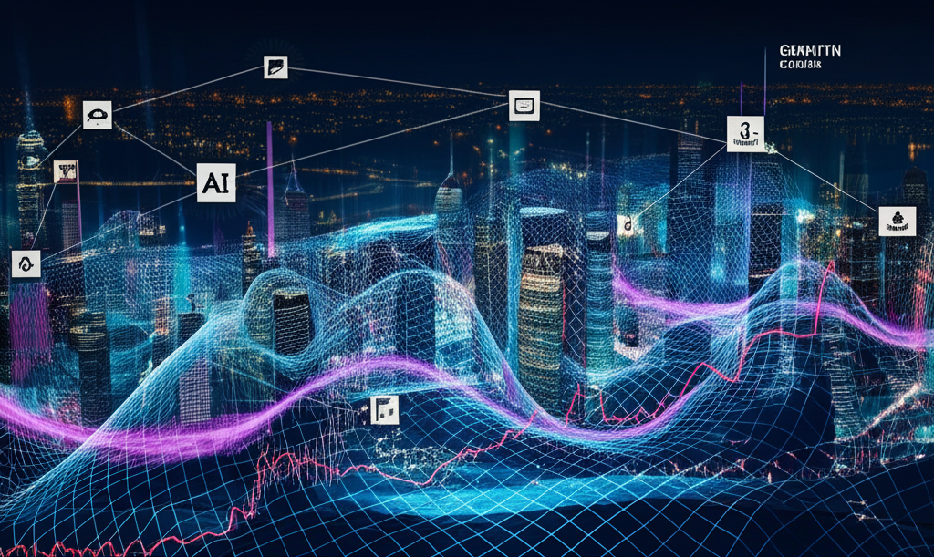 未來城市插圖，數位浪潮代表AI席捲全球科技巨頭投資動態股市，討論泡沫與成長潛力