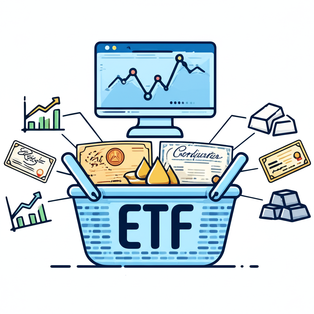 ETF籃子包含各種股票債券商品的簡化金融概念插圖,連接至中央指數監控器