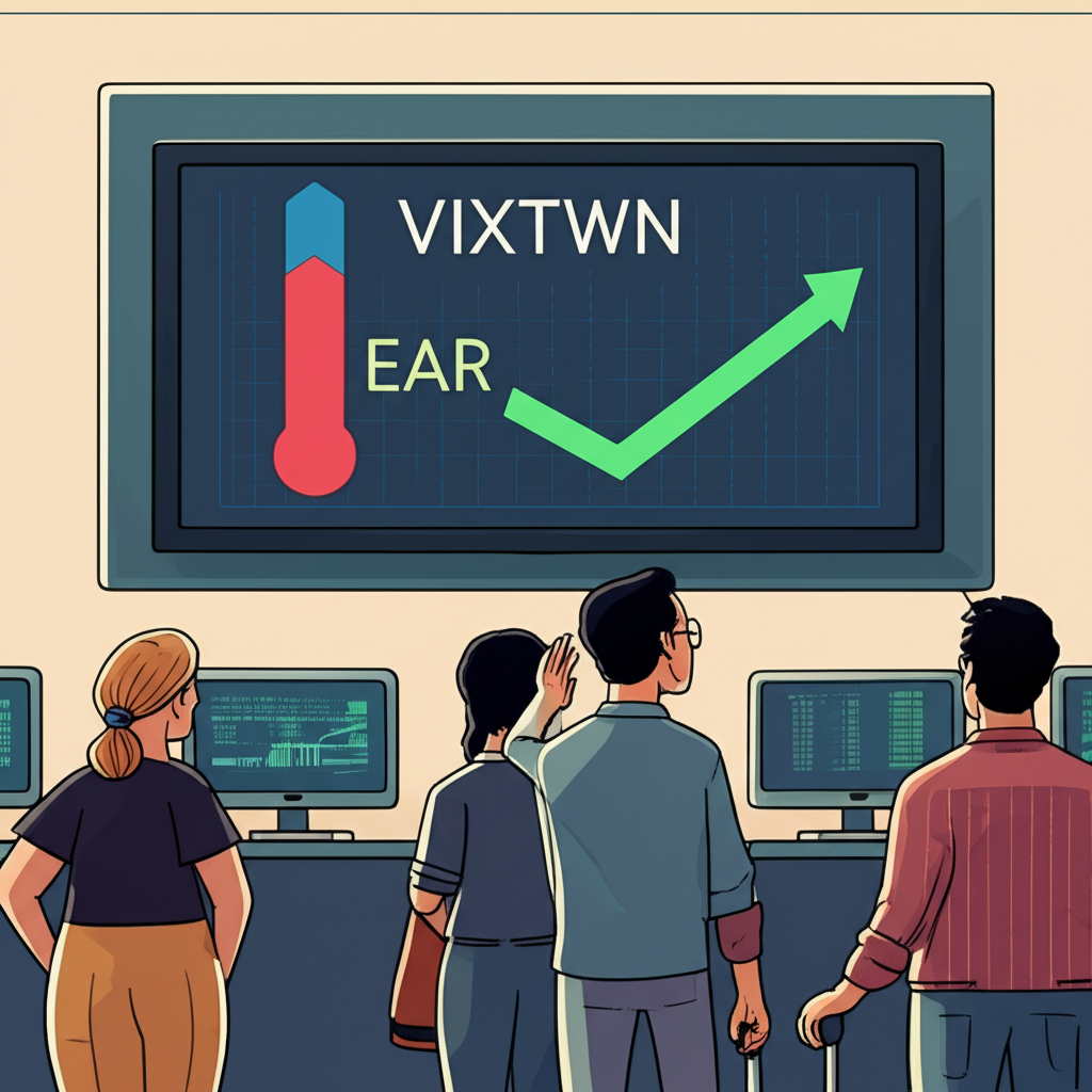 VIXTWN 數位顯示市場情緒溫度計,上漲箭頭顯示恐慌,台灣金融環境中人們觀看螢幕