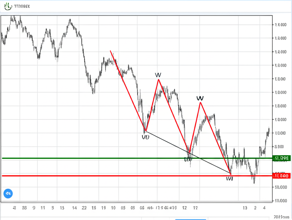 股票圖表中清晰的W底型態圖示,顯示兩個明顯低點與上漲趨勢,象徵金融市場反轉概念