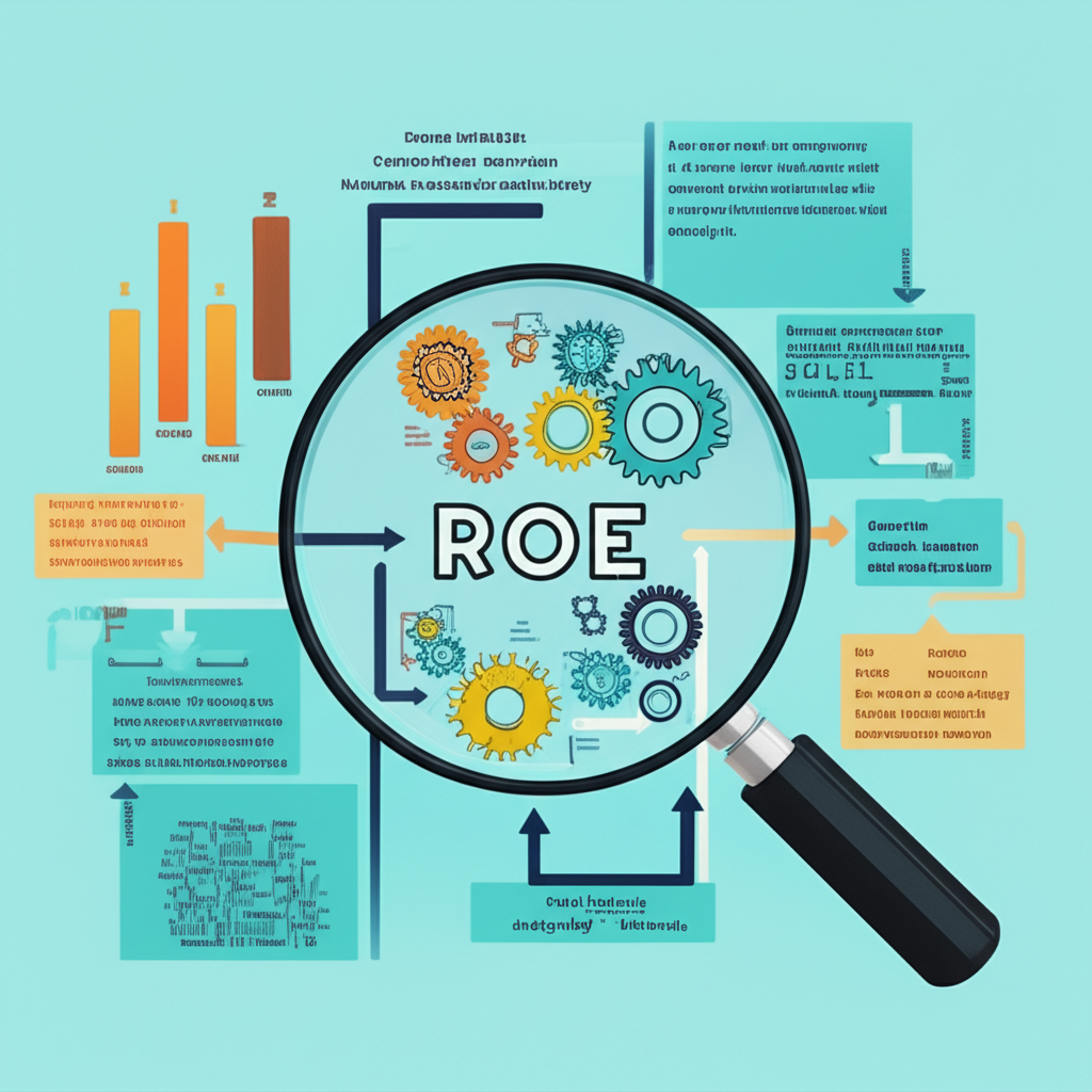 A complex financial chart with ROE at the center being analyzed by a magnifying glass showing gears and flowcharts for DuPont analysis and economic moat concepts representing strategic insight illustration style