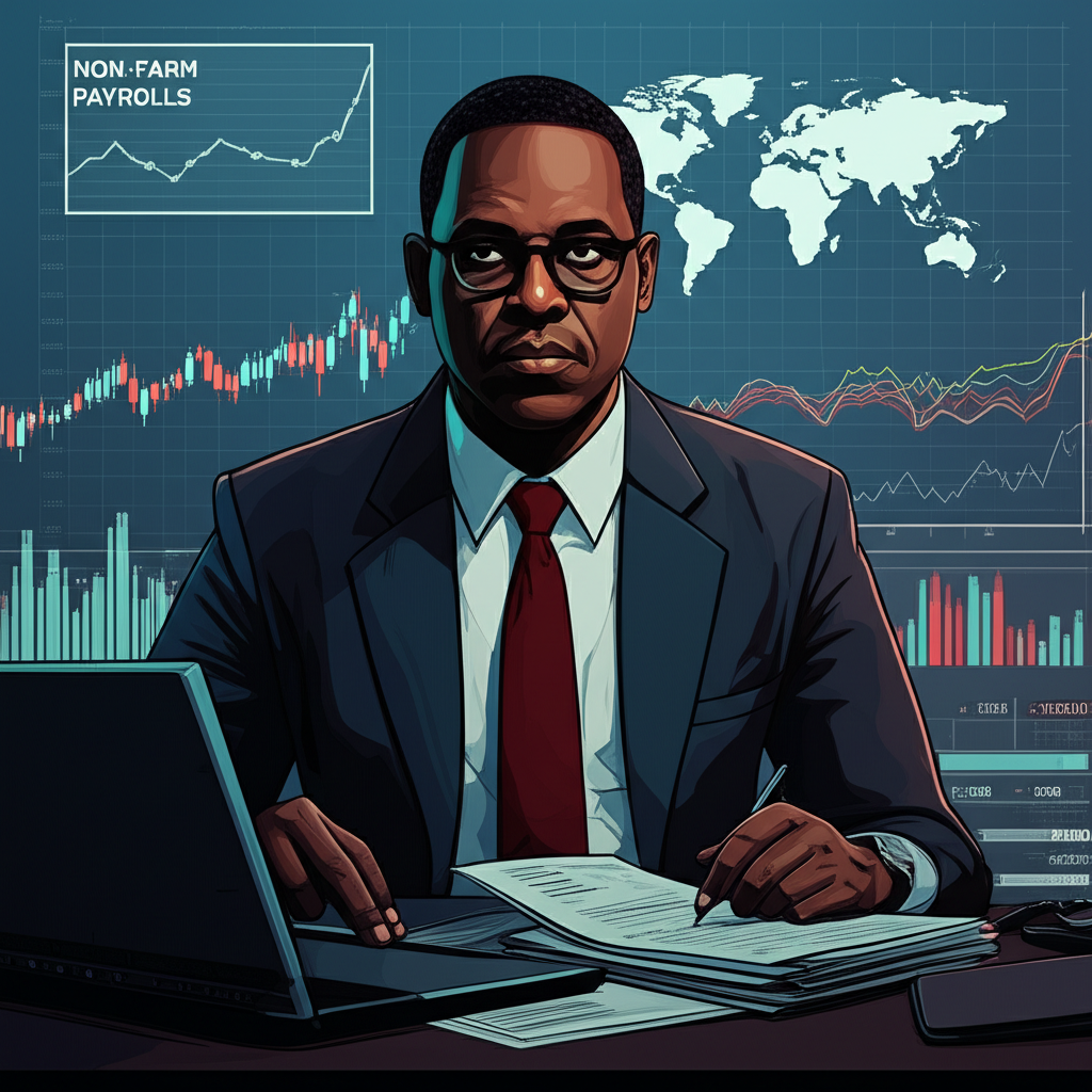 非農就業數據報告分析圖示,顯示央行官員審視金融市場圖表與美國地圖,強調其全球影響力