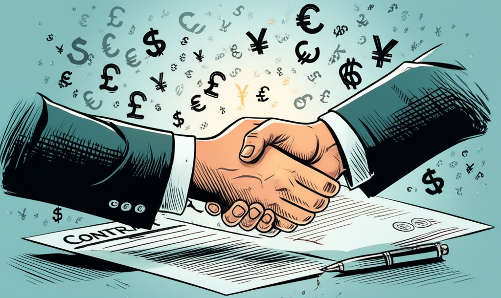 插畫顯示兩隻手在簽訂合約,周圍漂浮著各國貨幣符號,代表未來買賣外幣的標準化衍生性商品,而非直接交易實體貨幣