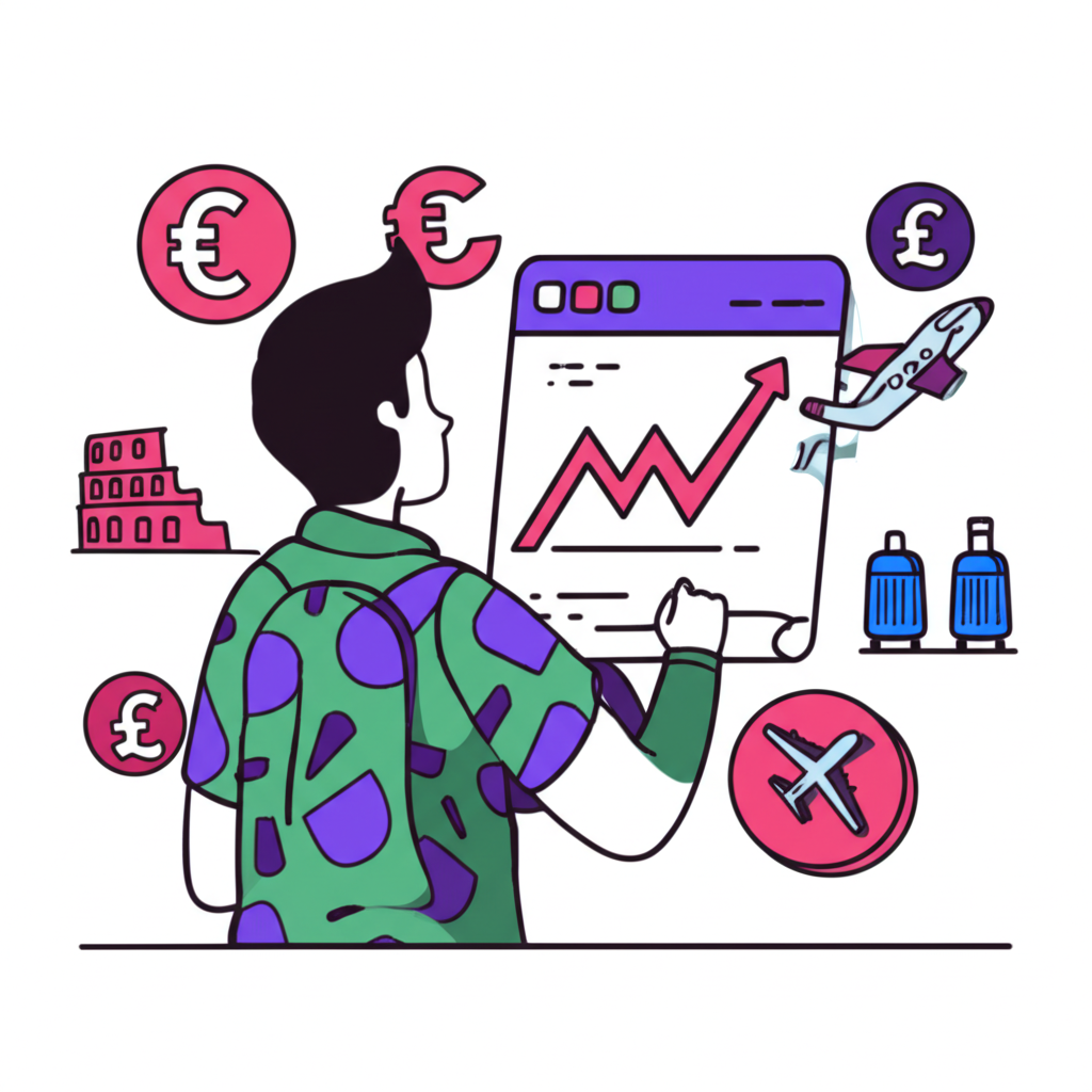 插圖：一人正在規劃歐洲旅行，看著波動的歐元匯率圖表，背景有貨幣符號與旅遊圖示