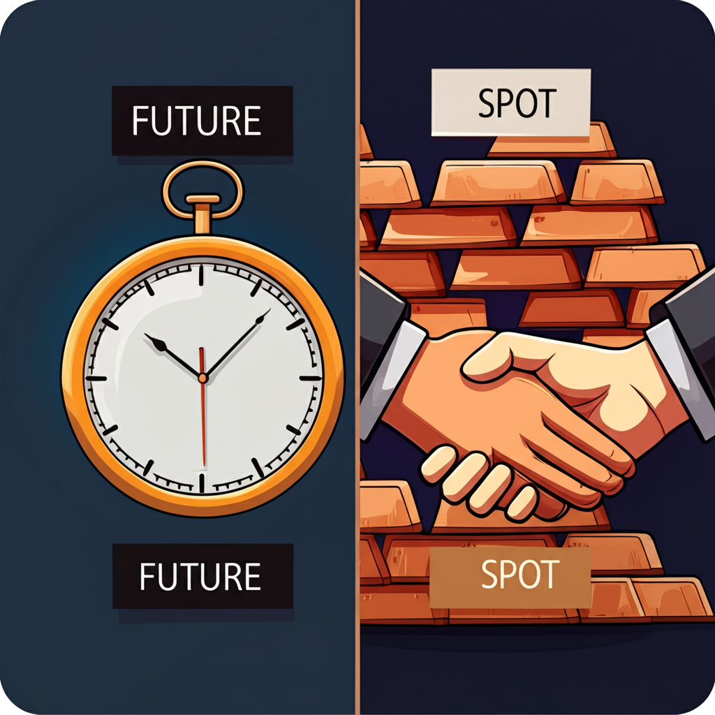 比較期貨與現貨的插圖,一側未來時鐘與合約,另一側實物銅錠與即時交割