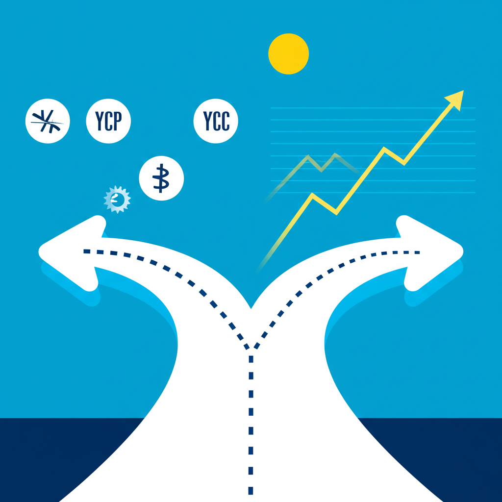 日本央行政策轉向十字路口，象徵從負利率和YCC超寬鬆措施轉向新時代，影響全球金融與國內經濟的插圖