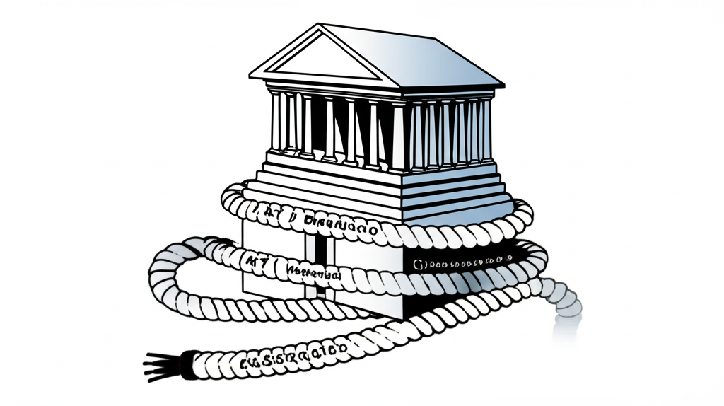 風格化銀行建築被象徵AT1債券的繩索纏繞,凸顯其永續與次級特性,並帶有風險提示的插畫