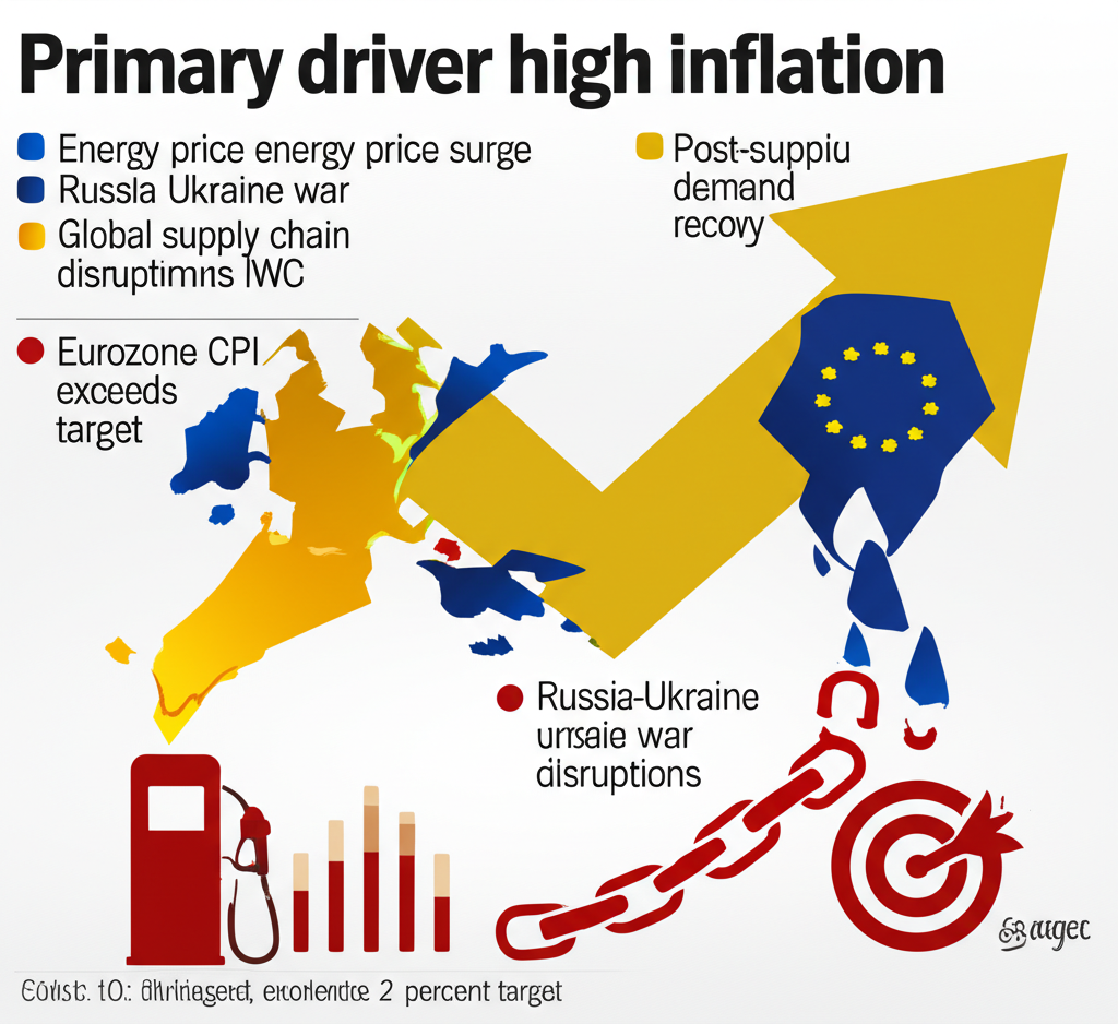 Primary driver high inflation energy price surge Russia Ukraine war global supply chain disruptions post pandemic demand recovery Eurozone CPI far exceeds 2 percent target illustration style
