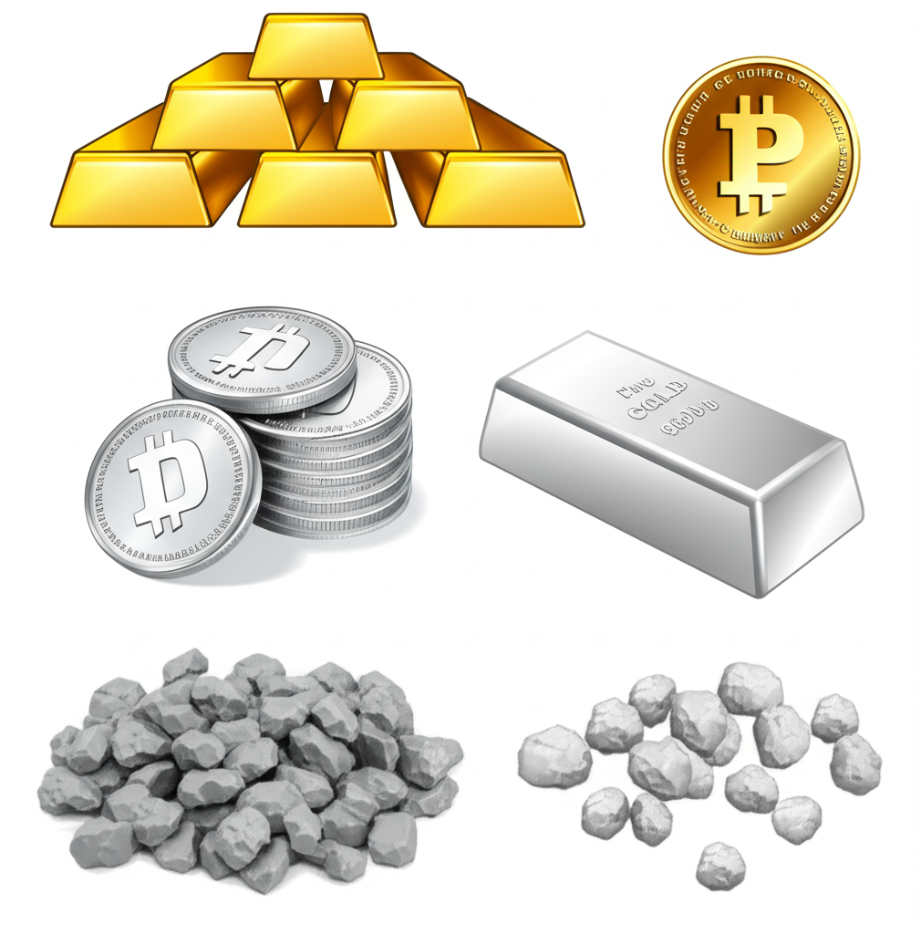各種貴金屬如黃金條、白銀幣、鉑金錠和鈀金樣本,展示其獨特屬性和用途