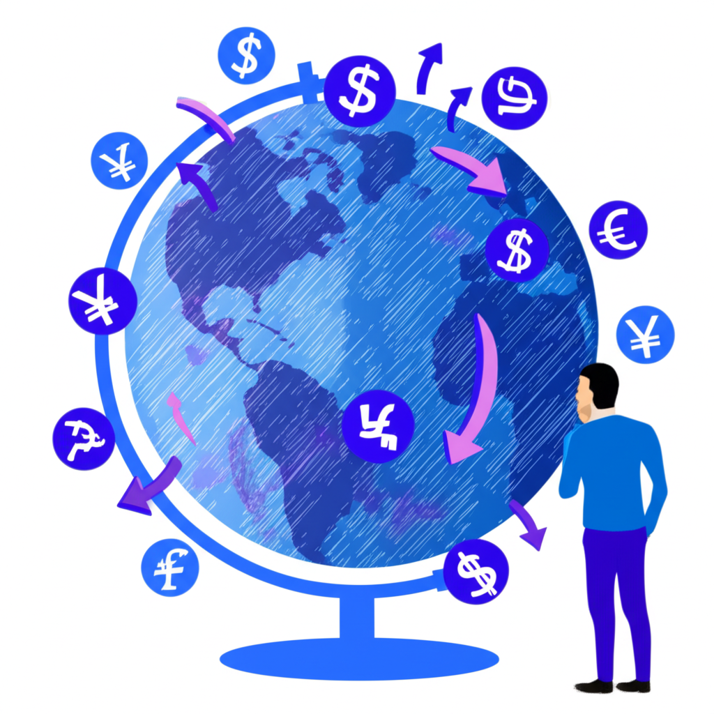 An illustration of various international currencies floating around a globe with arrows indicating exchange rate fluctuations and a person thoughtfully observing them symbolizing profit potential and inherent risks