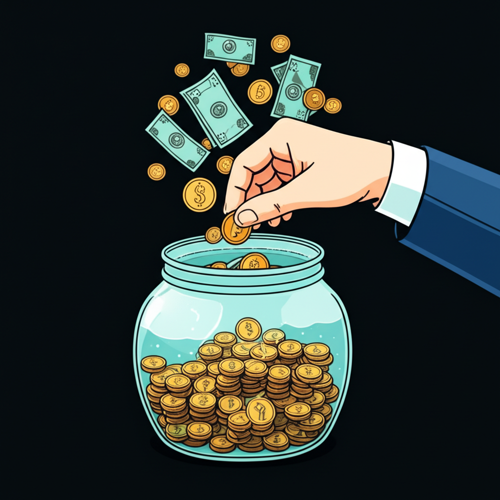 債券型基金概念圖:各種金融工具合併成由專業手管理的多元投資組合,象徵集資與穩定回報