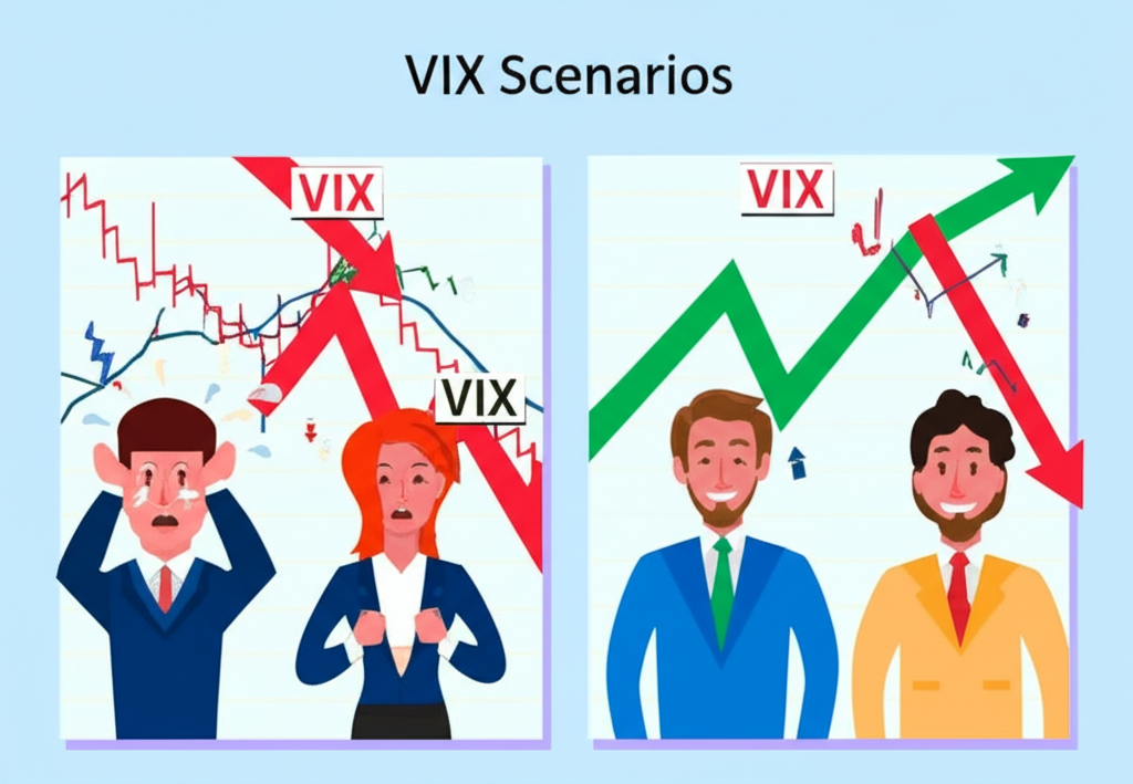 高VIX與低VIX情境對比圖:高於30時市場混亂、投資人恐慌;低於20時氣氛平穩、投資人樂觀