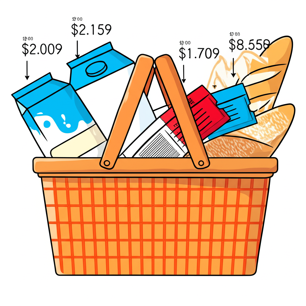 巨型購物籃充滿麵包、牛奶和交通票,價格標籤隨時間變化,代表拉斯佩爾斯指數計算