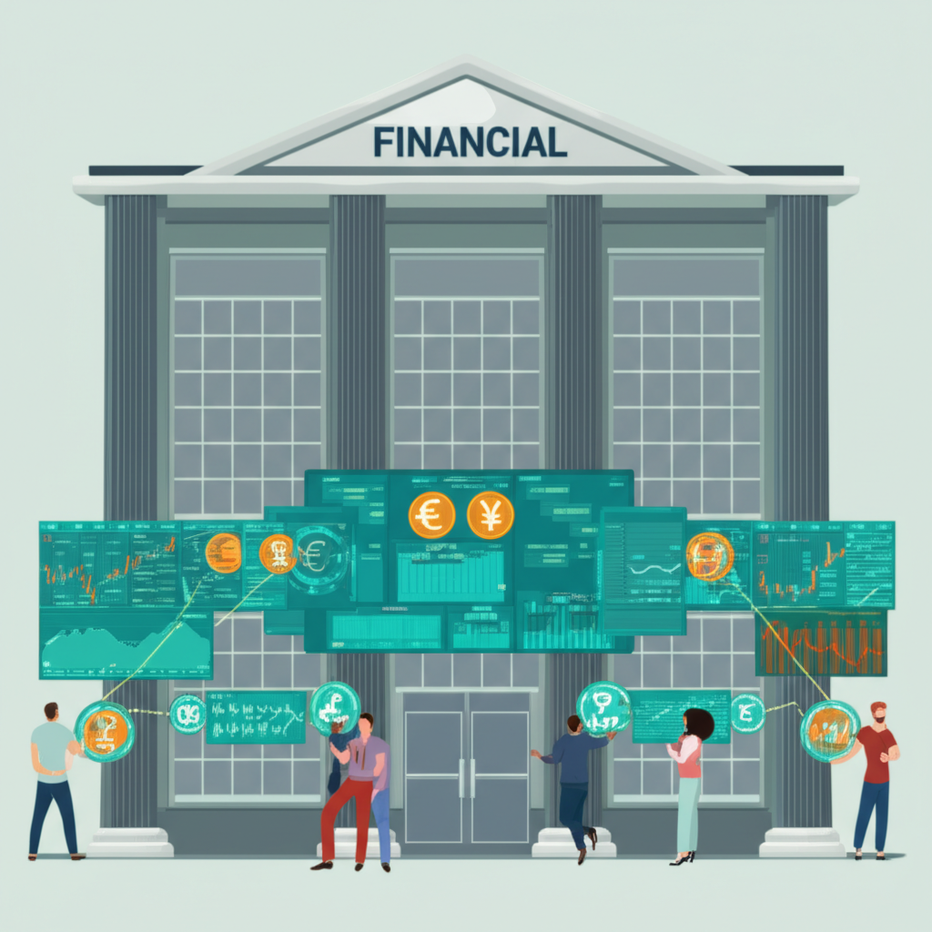 金融機構大樓內交易者操作貨幣對畫面,代表經紀商的中介角色