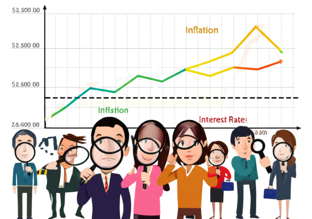 An illustration of various investors with magnifying glasses observing a complex stock market graph with fluctuating lines representing inflation and interest rates in a state of cautious anticipation
