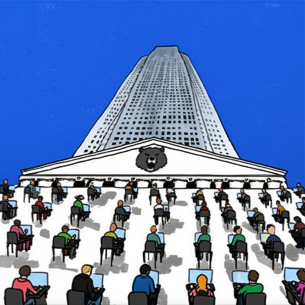A group of small individual investors symbolized by tiny figures on computers working together against a giant Wall Street skyscraper with a bear symbol representing short sellers illustration style