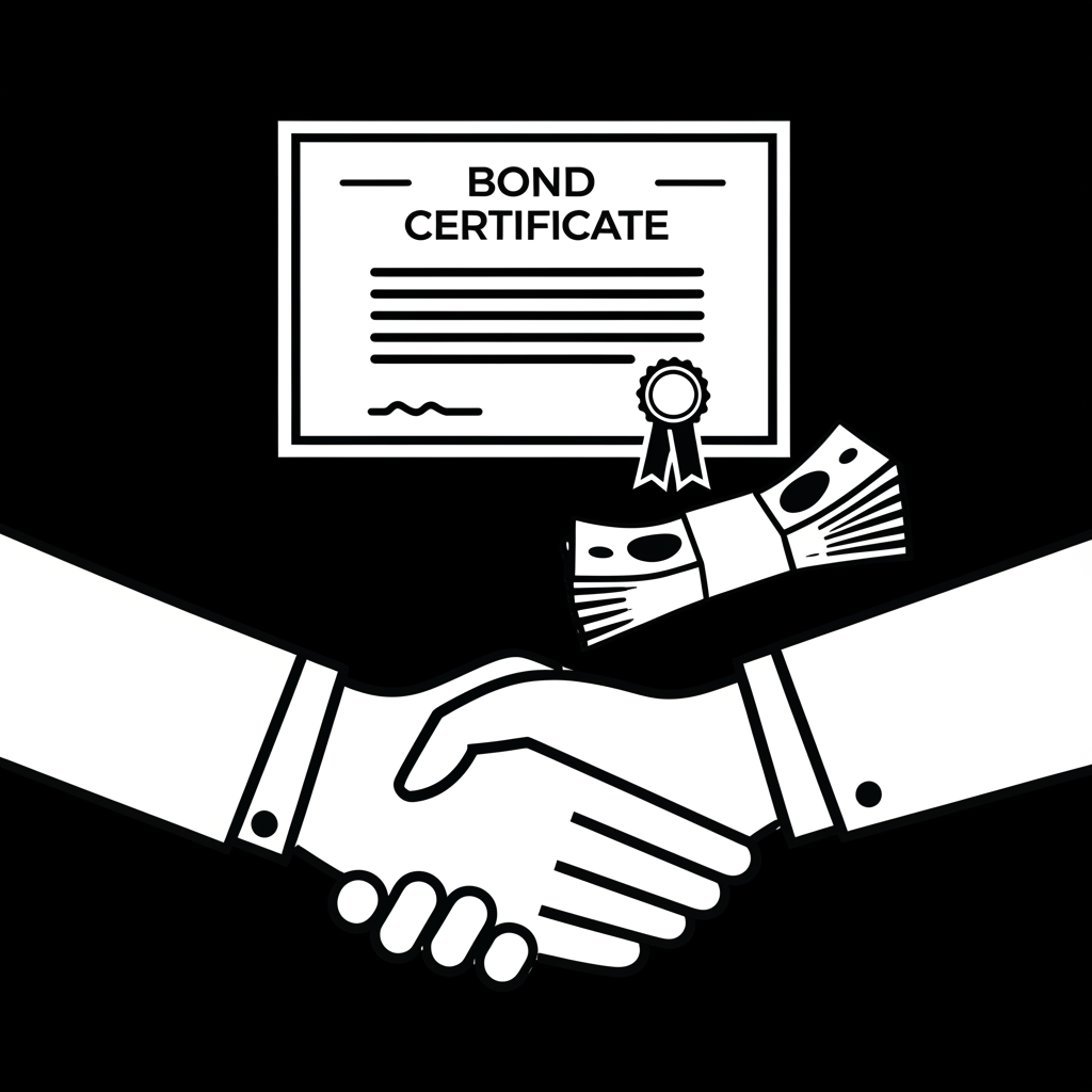 詳細債券證書顯示票面利率、面額、到期日和發行機構等元素，小人們仔細檢查插圖