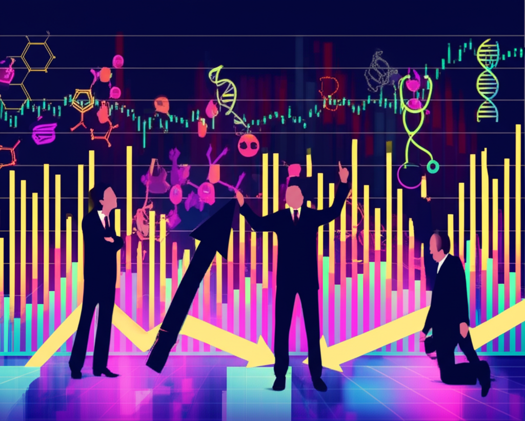vibrant biotech industry with fluctuating stock charts and innovative medical symbols