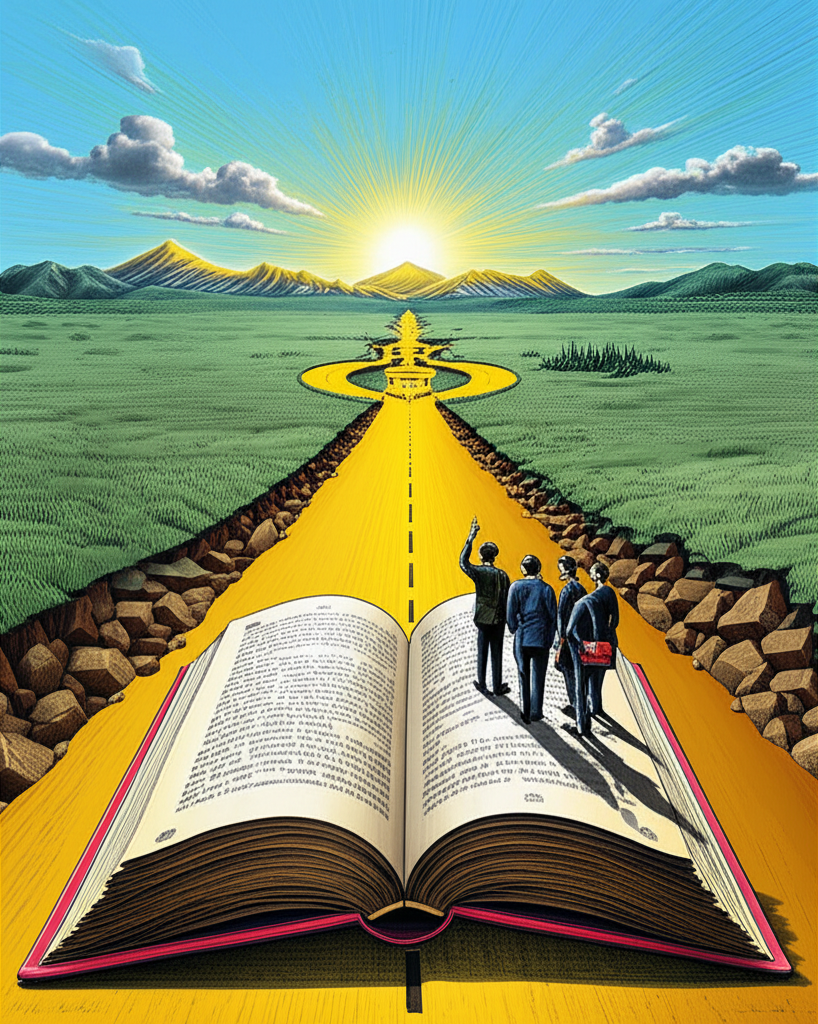 兩條分歧道路的插圖,一條通往成長的金色超級週期之路,另一條脆弱的泡沫之路即將破裂,投資者在十字路口參考歷史書籍