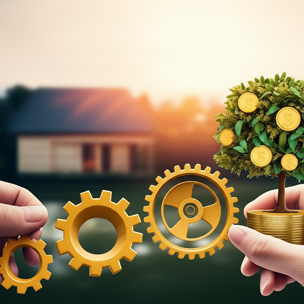 一位人士透過齒輪象徵的長期投資、多樣化和風險管理,構築強健財務未來,引領成長的金錢樹,直至寧靜的退休景致