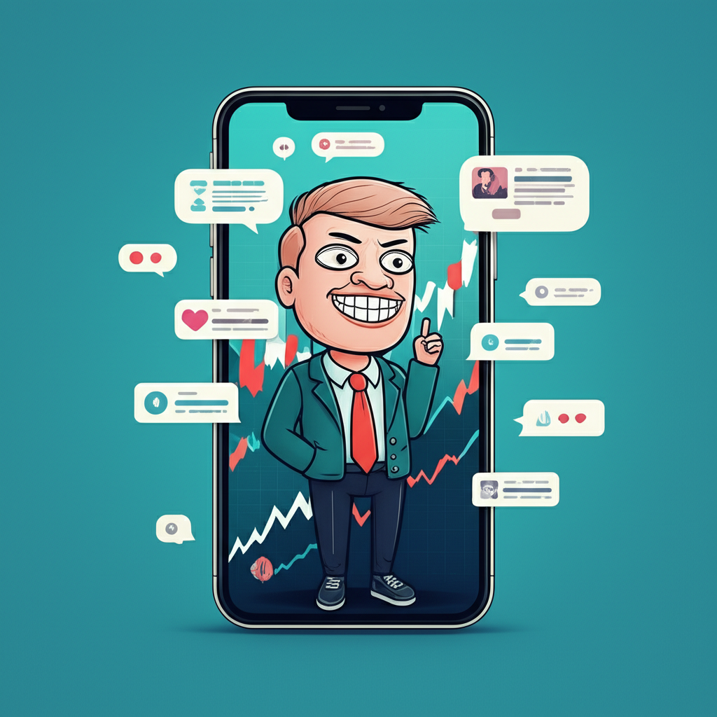 A stylized meme character on a smartphone screen surrounded by stock market graphs and social media bubbles representing online discussions and collective emotion driving a stock price illustration style