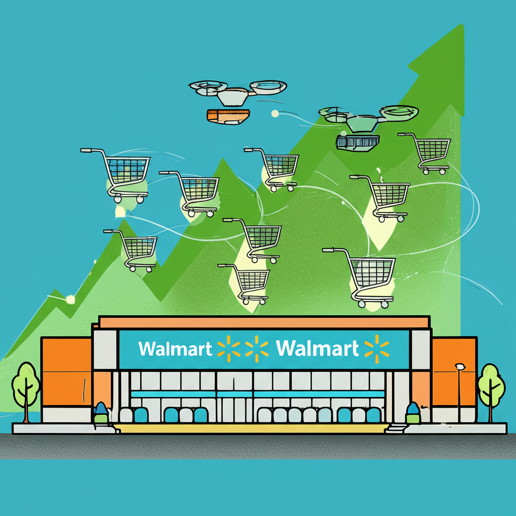 沃爾瑪大型商店融入數位元素如電子商務購物車與配送無人機的轉型插圖，背景綠色股價曲線上升