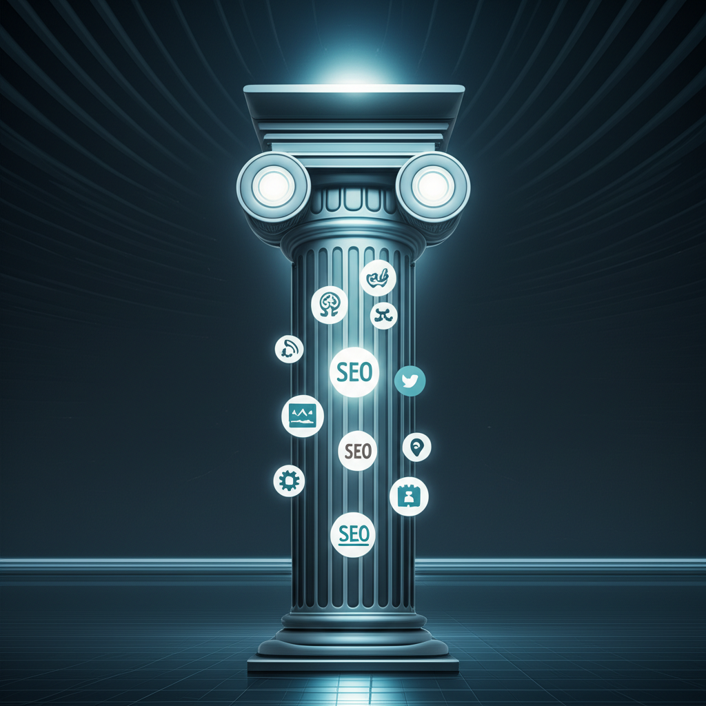數位行銷核心支柱結構，融合內容、搜尋引擎優化與社群媒體圖示，支撐未來風格的品牌標誌