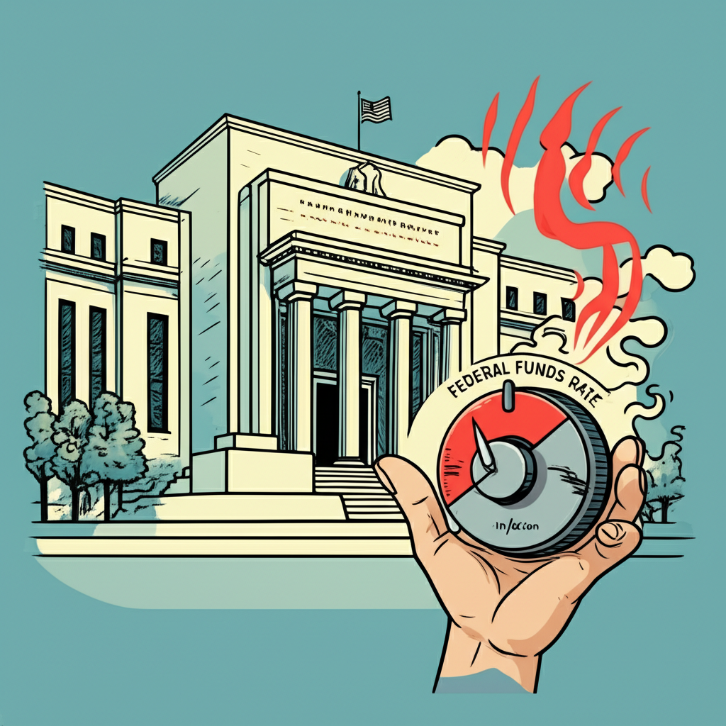 聯準會建築物圖示,顯示調整聯邦基金利率以控制過熱經濟和通貨膨脹