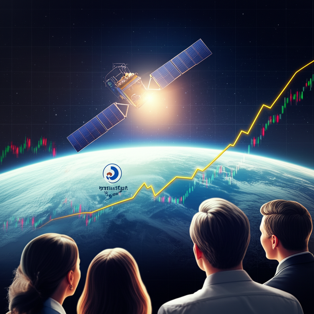 illustration of a shining satellite orbiting Earth with stock market charts showing rapid growth and investors looking excitedly at a company logo based in San Francisco