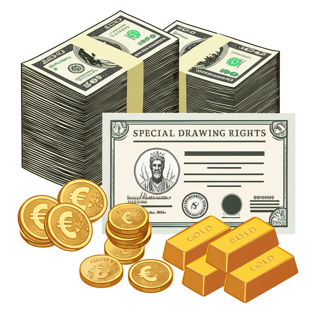外匯存底多元化資產組合，包括美元、歐元、黃金和特別提款權的插圖