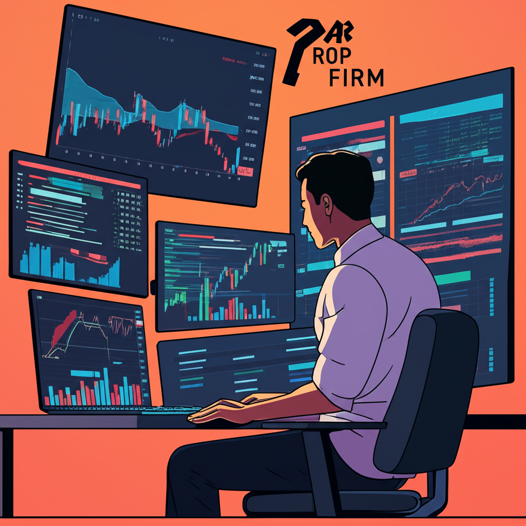 專業交易員在多個螢幕前分析外匯、股票、期貨和加密貨幣市場圖表,背景有自營交易公司標誌的插圖