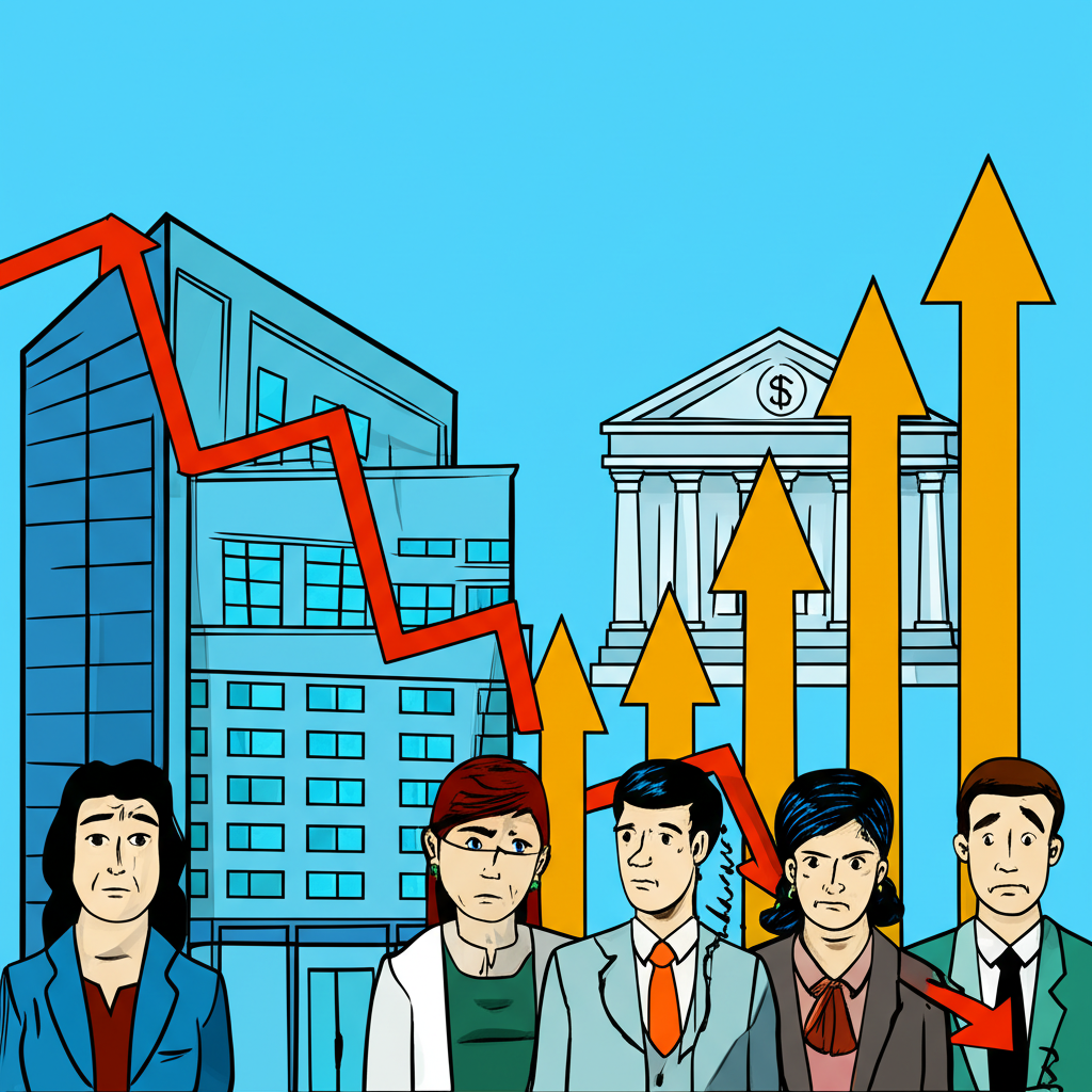 通膨對股市的影響示意圖:企業成本上升、投資人擔憂、央行升息箭頭