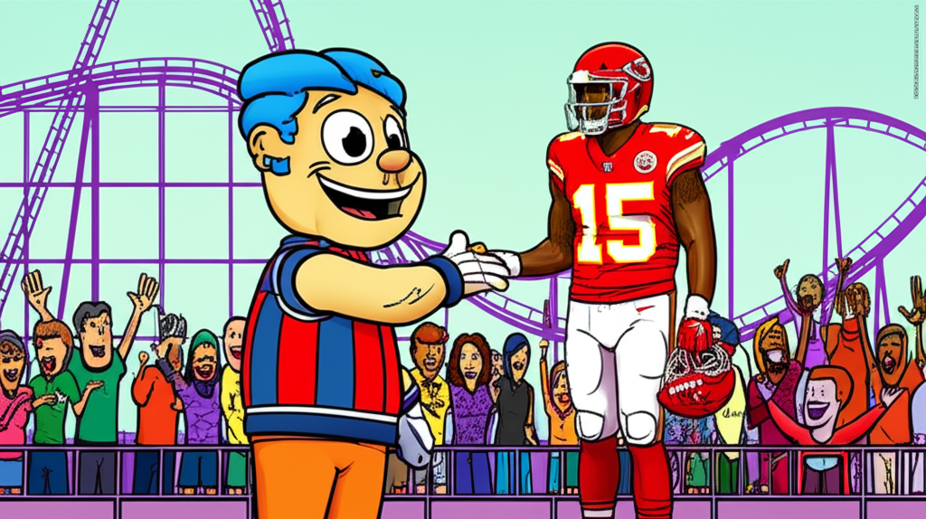 Travis Kelce 身穿美式足球球衣,與六旗樂園卡通角色握手,背景是雲霄飛車和歡呼人群,象徵他對遊樂園產業的重大投資