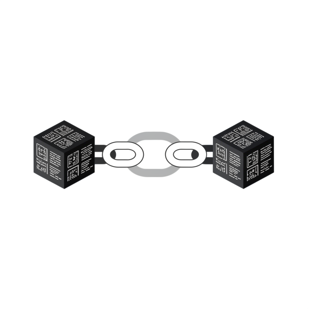 An illustration of two distinct but interconnected elements representing the core components of blockchain technology namely blocks and chains