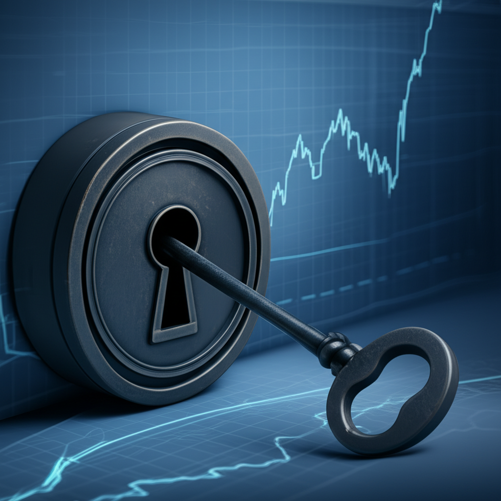 一把鑰匙打開股市圖表鎖,象徵道氏理論是技術分析的基礎
