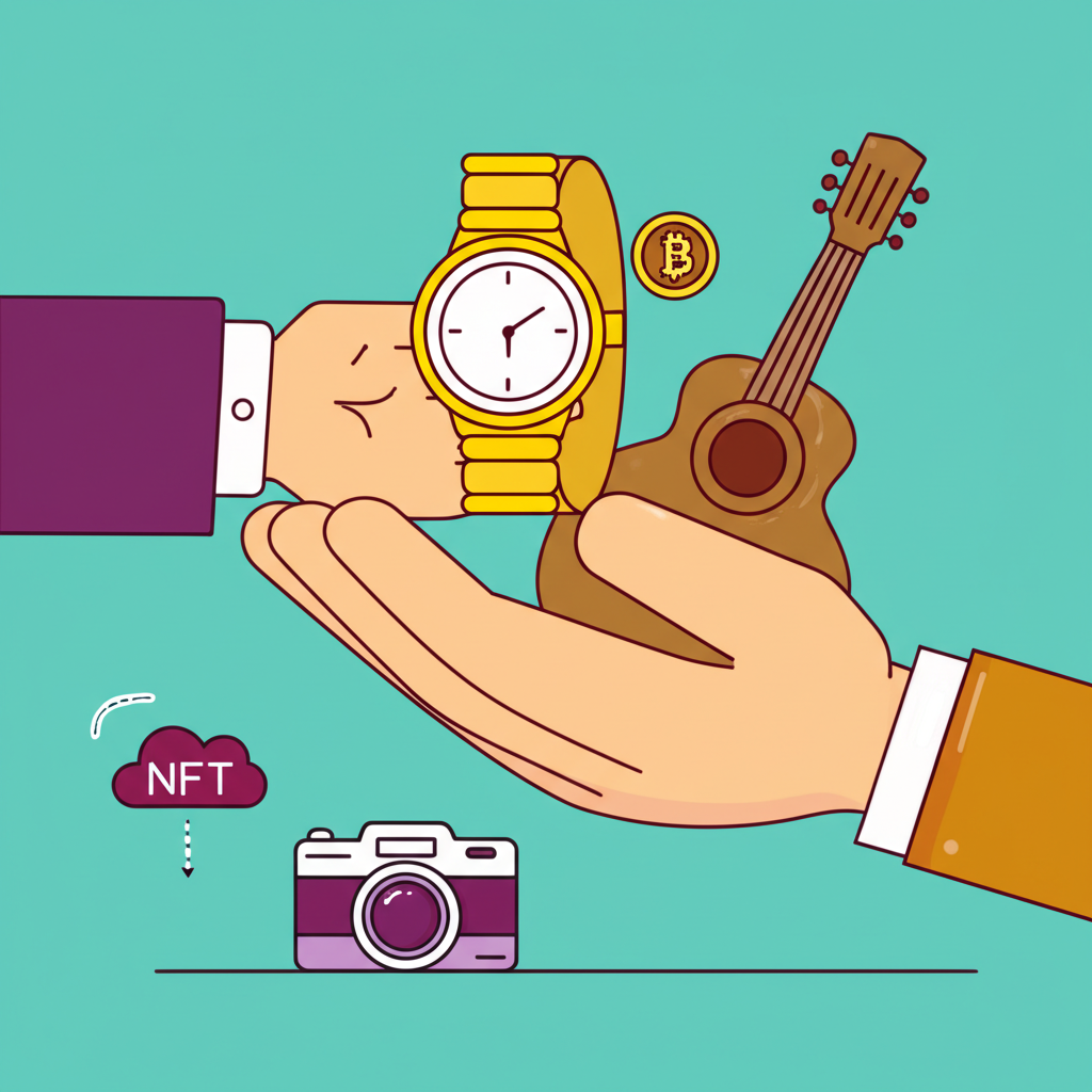 質押資產作為擔保的插圖，結合傳統當舖物品與現代數位符號代表借貸與資產活化