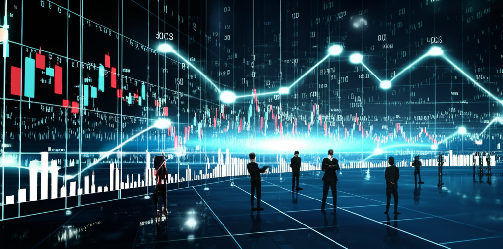 2025年10月全球金融市場複雜圖示,包含交織的圖表、投資者身影與分析師評級動態