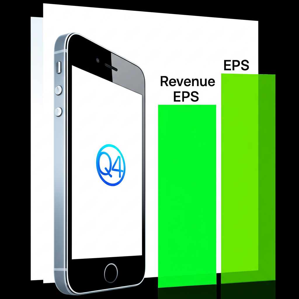 蘋果Q4營收與EPS飆升的圖表插圖,iPhone圖示為主要驅動力,服務業務成長部分