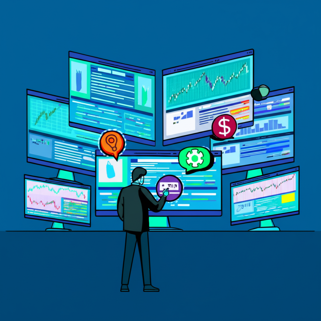投資者面對多個外匯平台螢幕，顯示監管、成本、產品與服務圖示