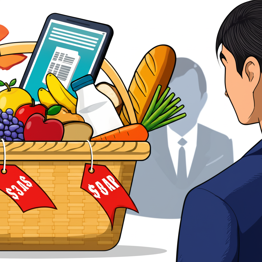 一籃子商品與服務的插圖,標示價格標籤,象徵CPI的組成內容與通膨測量