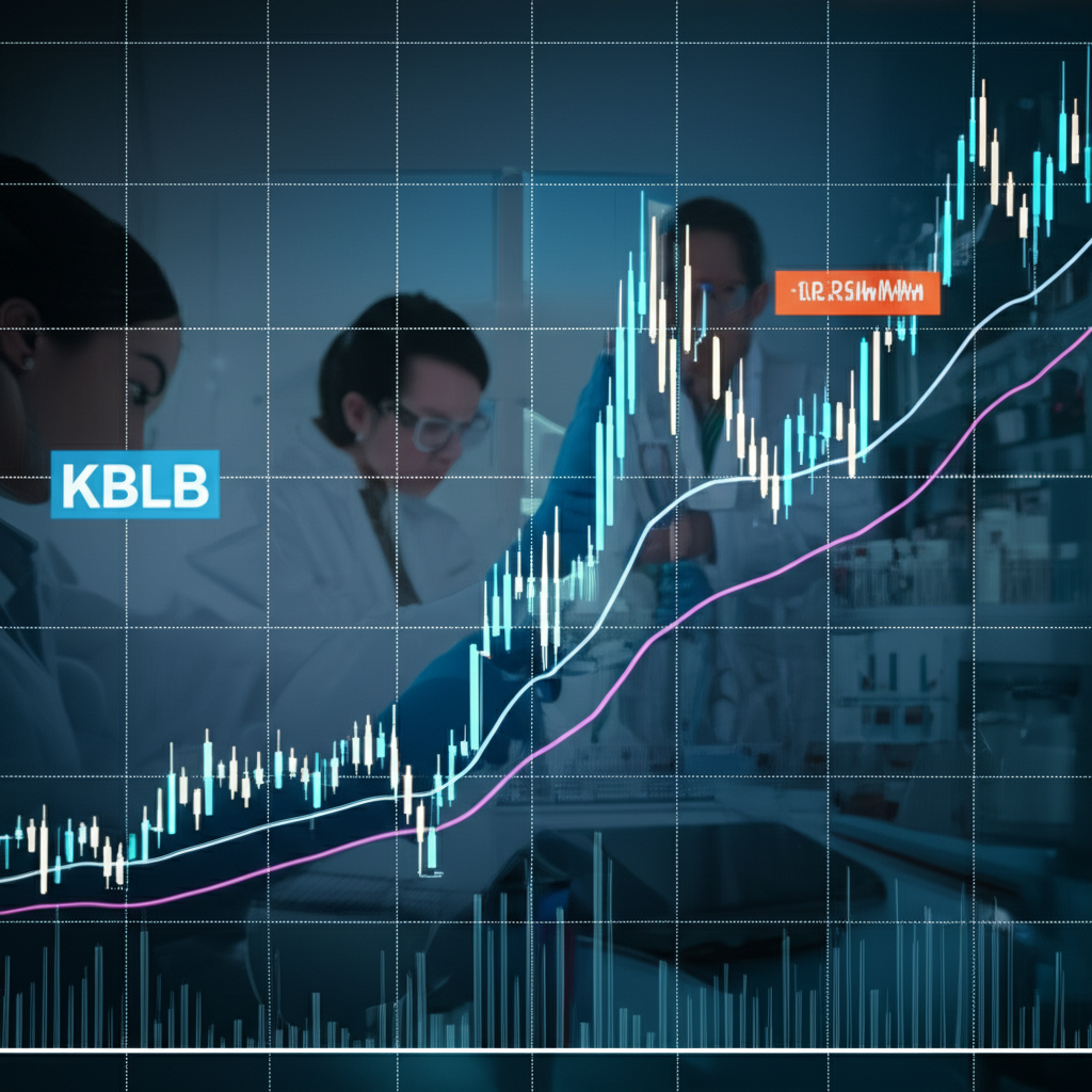 KBLB股票圖表在生物科技實驗室與科學家背景中閃耀,象徵市場潛力與創新